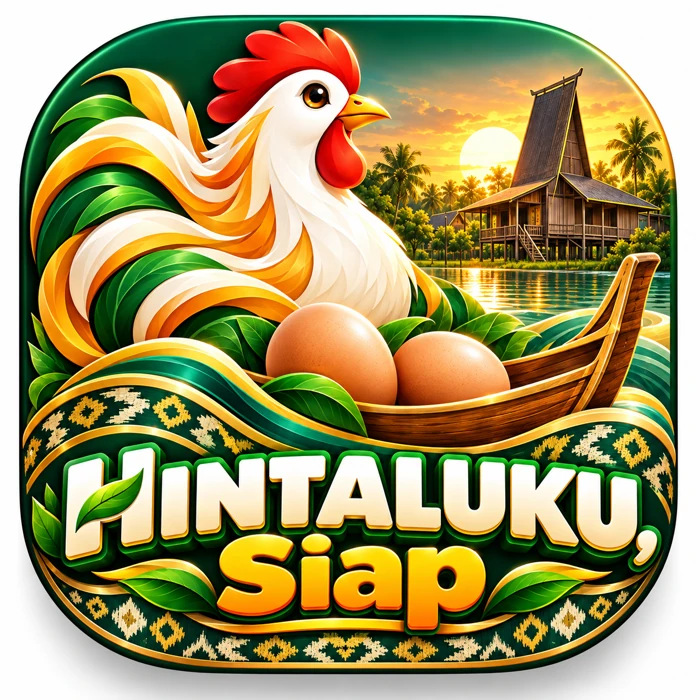 Identitas HINTALUKU menampilkan ayam dan telur, jukung, rumah Bubungan Tinggi, serta motif Sasirangan